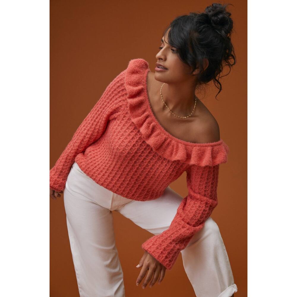 Anthropologie Ruffled Off Shoulder Sweater Coral Pink Size Medium